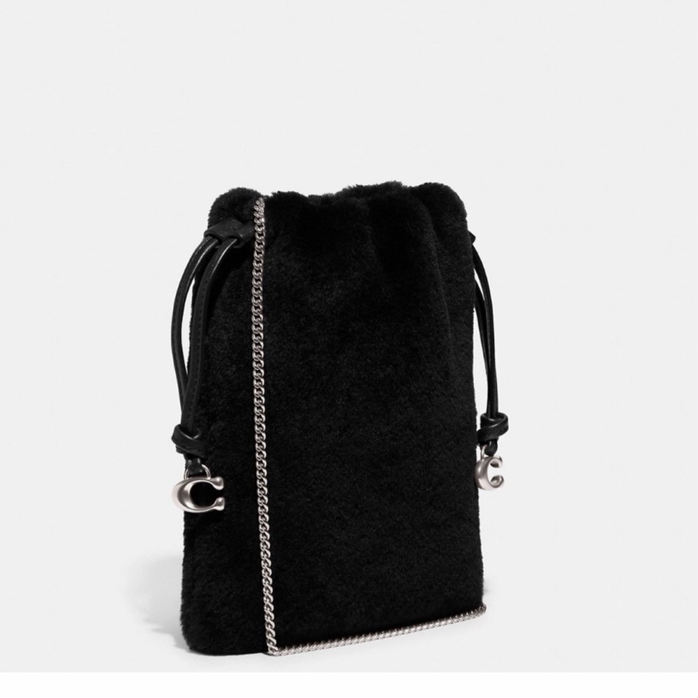 Coach Black Shearling Drawstring Crossbody Purse Bag NWT